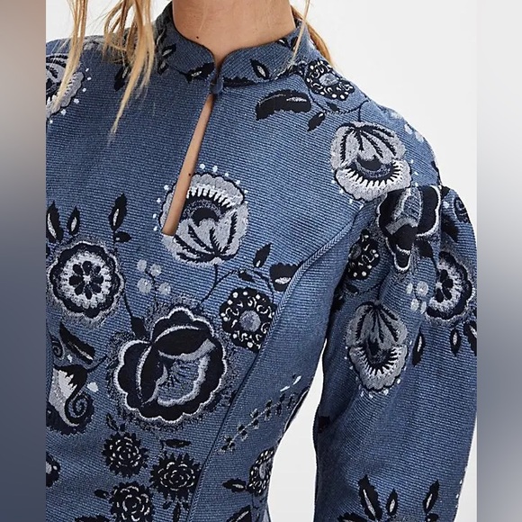 Free People x Charo Ruiz Ibiza Ara Mini Dress Small New Blue Floral Jacquard - Picture 3 of 8